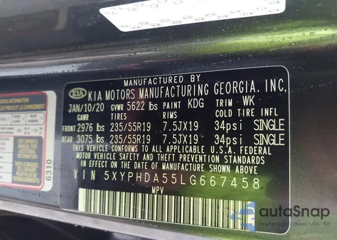 2020 Kia Sorento 3.3L Ex из США, поврежденный, VIN 5XYPHDA55LG667458